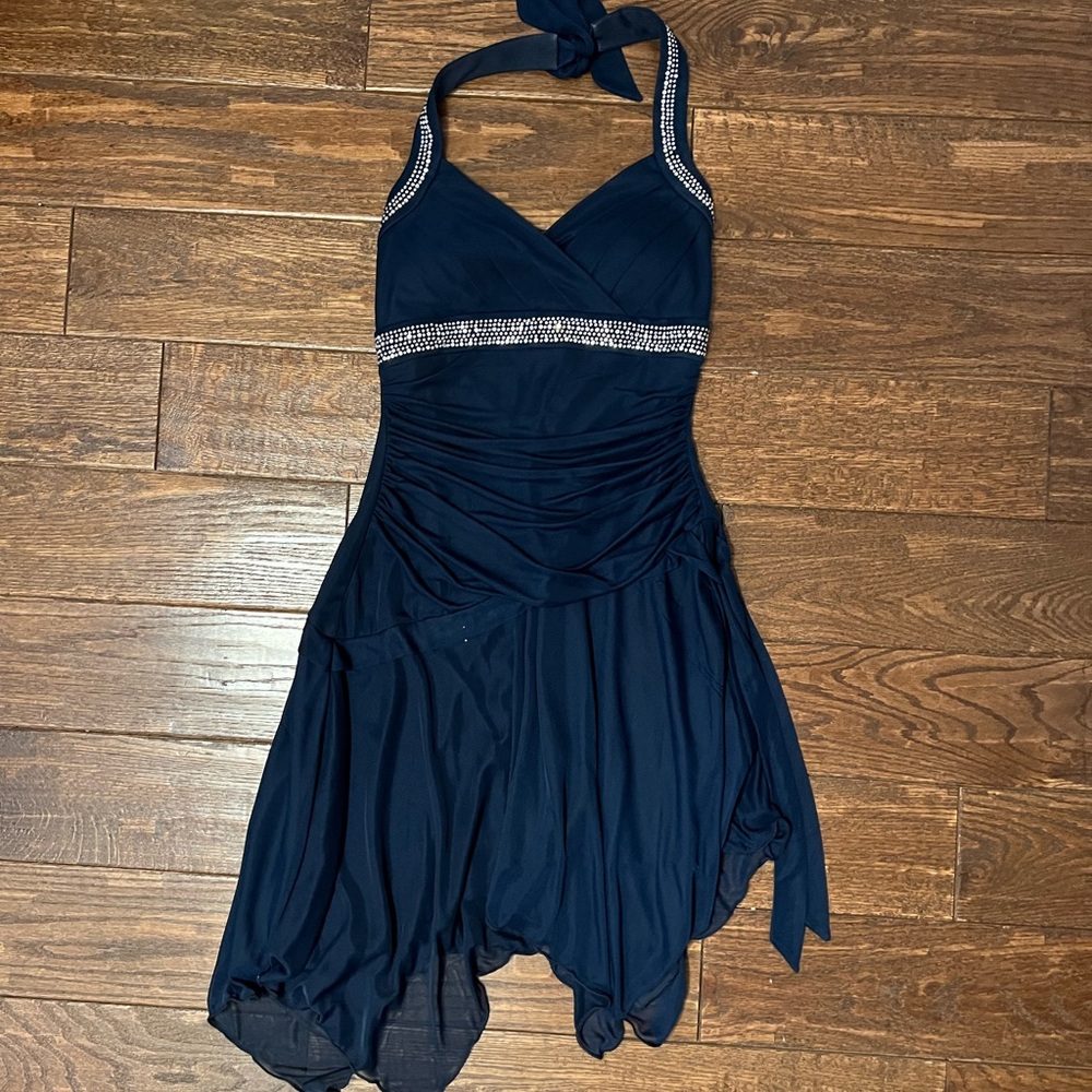 Dark Blue Backless, Halter-Neck, High-Low Dress